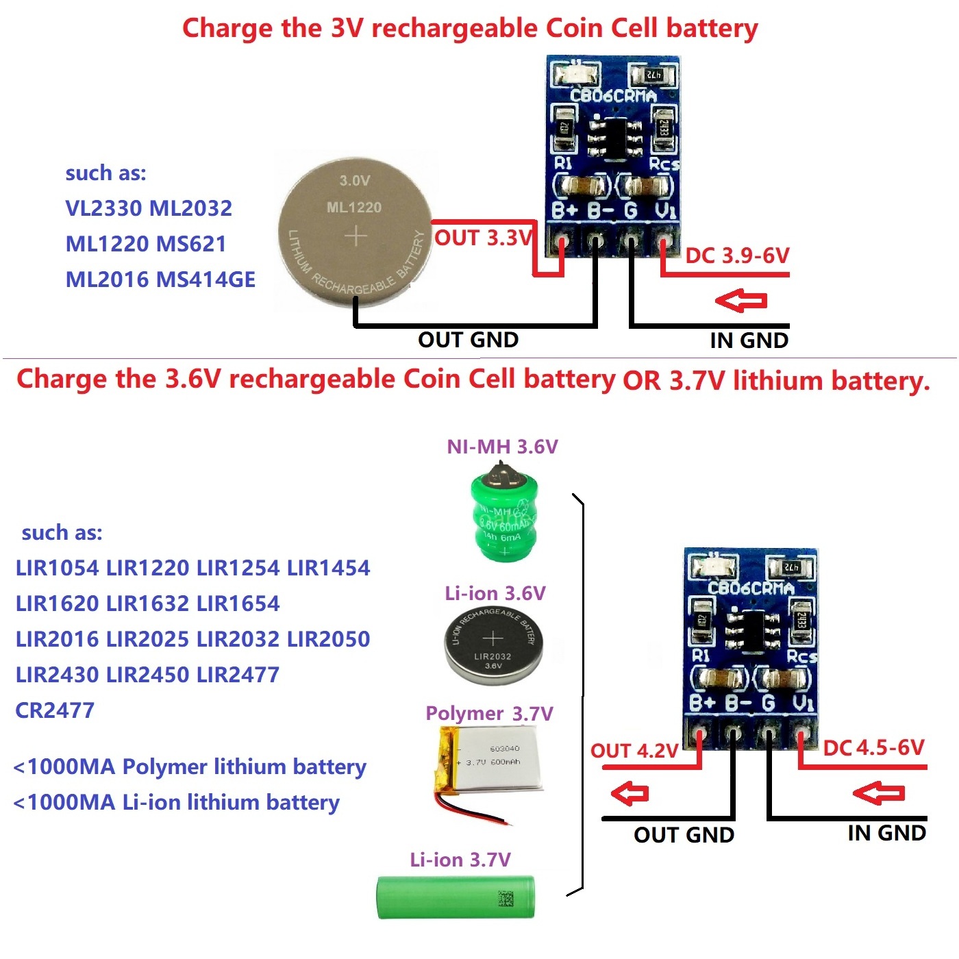 3V 3.6V NI-MH Ni-CD Li-ion Polymer Coin Cell Rechargeable lithium battery Charger for VL2330 ML2032 1220 LIR2016 2025 2032