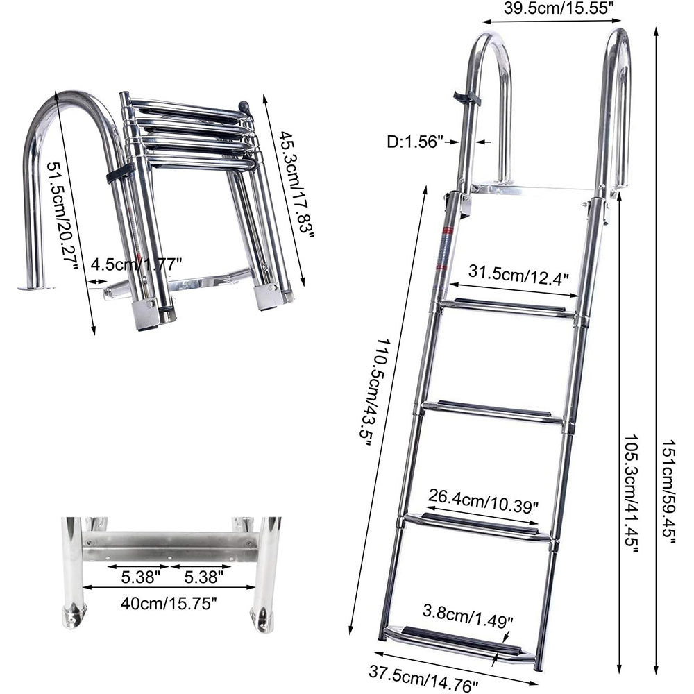 4 Step Pontoon Ladder Foldable Stainless Steel Marine Rear Entry Telescoping Ladder Wide Steps Swim Boat Ladder