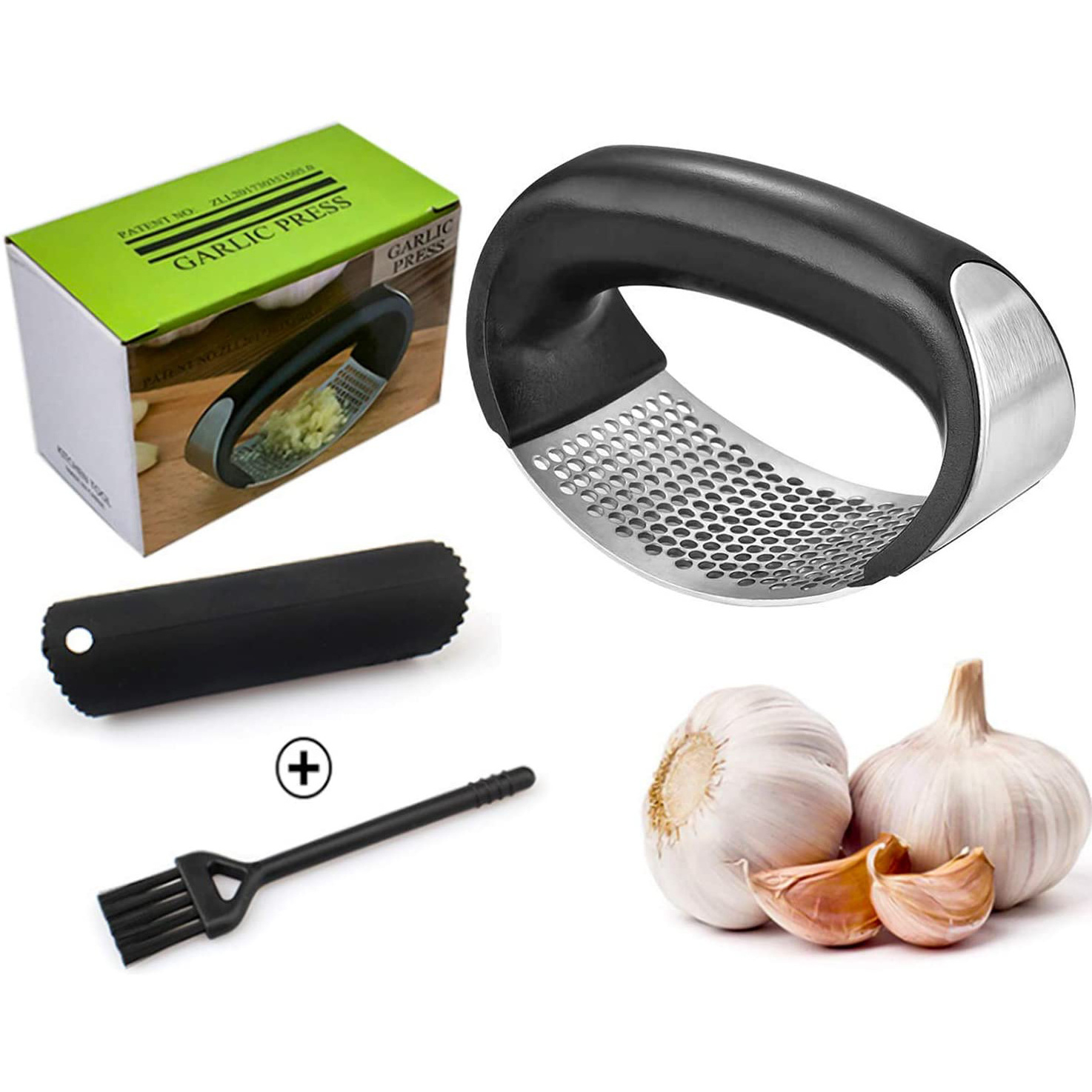 QZQ Professional Kitchen Manual Stainless Steel Peeler Squeezer Chopper Circular Garlic Ginger Crusher Set Garlic Press Rocker