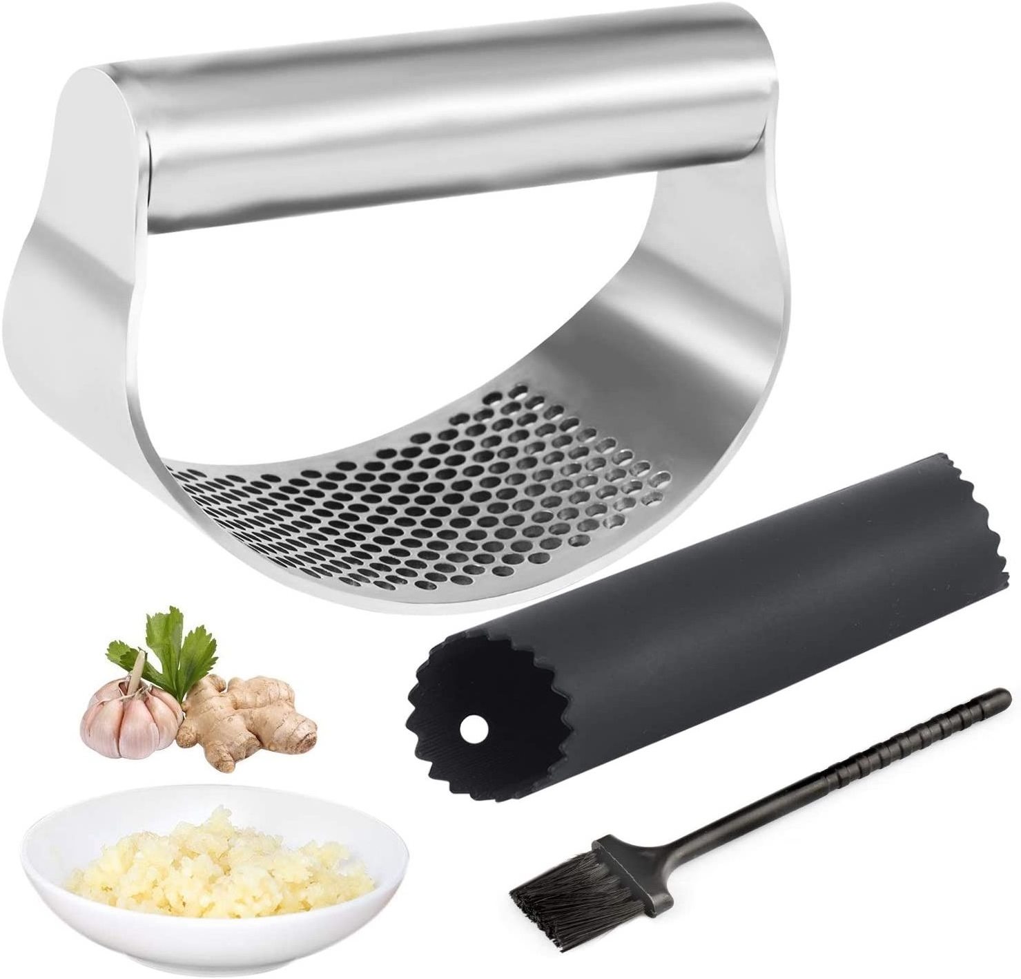 QZQ Professional Kitchen Manual Stainless Steel Peeler Squeezer Chopper Circular Garlic Ginger Crusher Set Garlic Press Rocker