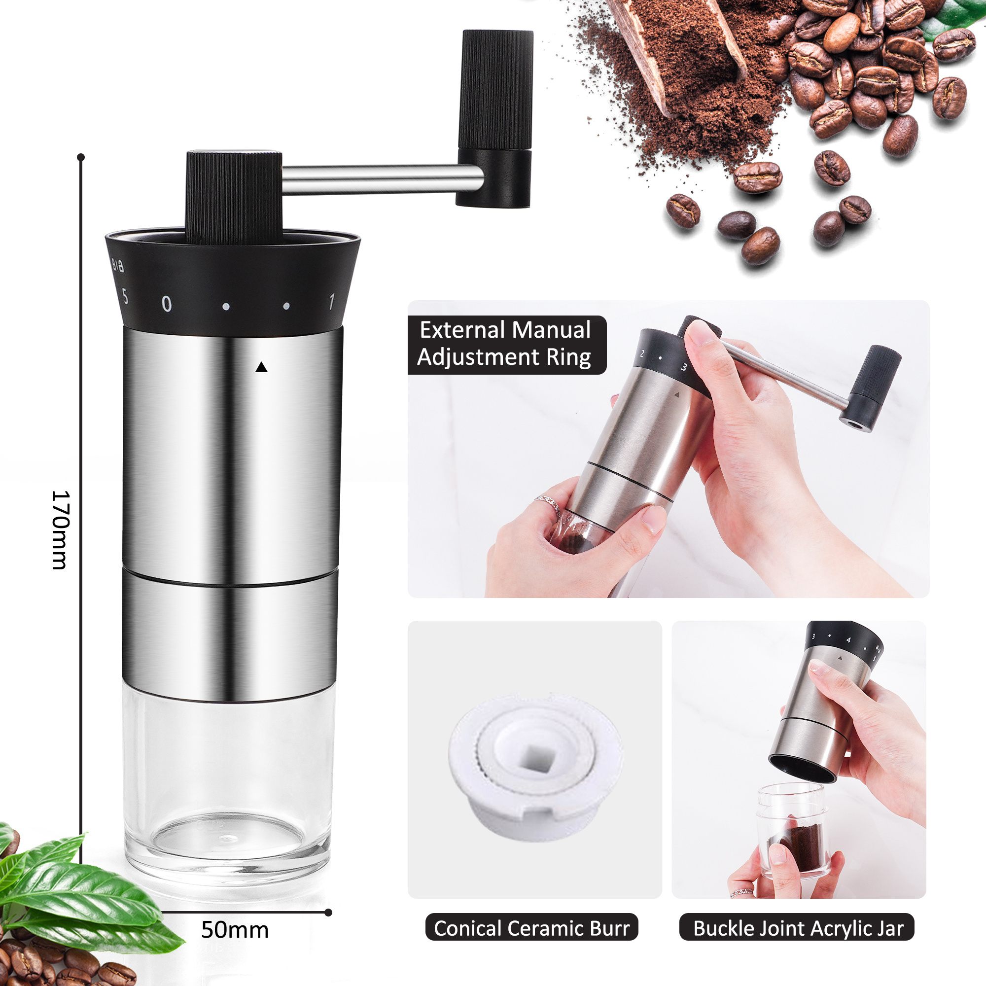 Portable Adjustable Manual Coffee Bean Mill With Ceramic Burs Stainless Steel Coffee Grinder