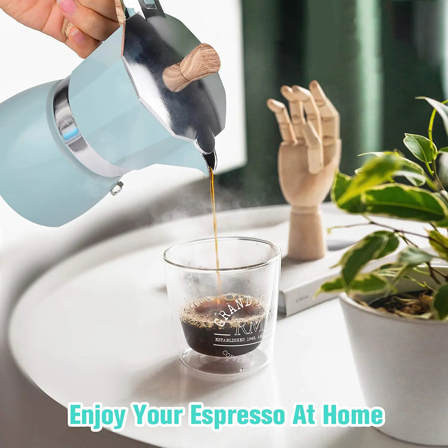 High Quality Classic Black Aluminum Coffee Maker With Wood Grain Handle Stovetop Italian Espresso Maker Outdoor Moka Pot