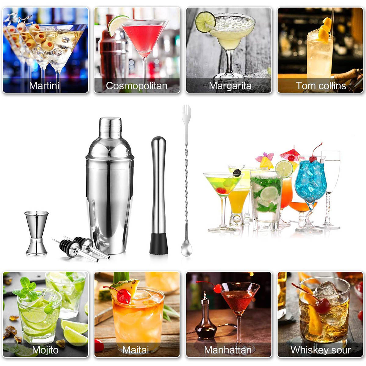 QZQ Bar Accessories Cocktail Shaker Jigger Kit Vodka Dispenser Equipment Stainless Steel Martini Home Copper Bell Bartender Set