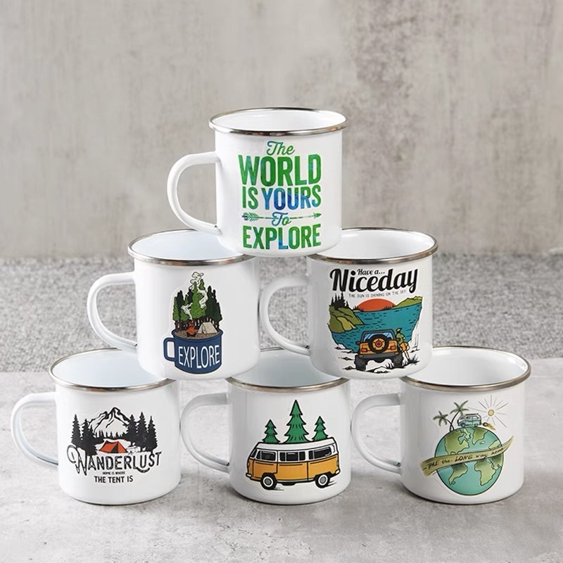 OEM Metal Enamel Mug With Custom Logo Birthday Party Christmas Gift 16oz Iron Camping Coffee Tea Beer Drinking Mugs Cup