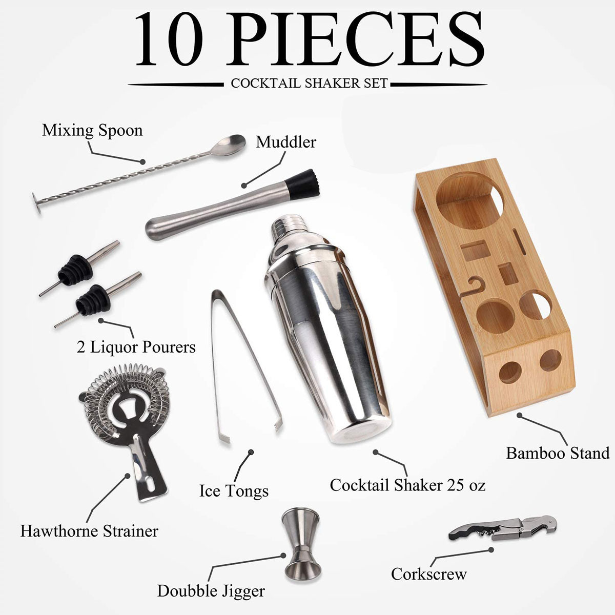 Custom Bar Accessories Cocktail Shaker Jigger Tool Professional Stand Gift Travel Stainless Steel Barware Tools Bartender Kit