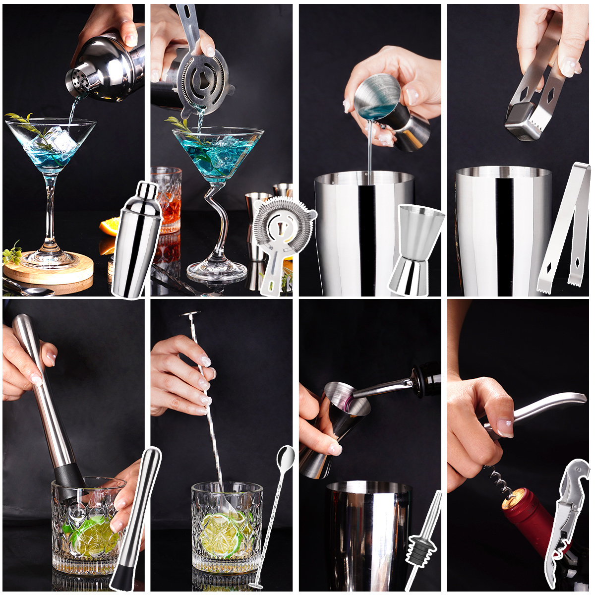 QZQ Professional Barware Tools Wooden Stand Travel Gift Stainless Steel Bartender Kit Bar Accessories Jigger Cocktail Shaker Set