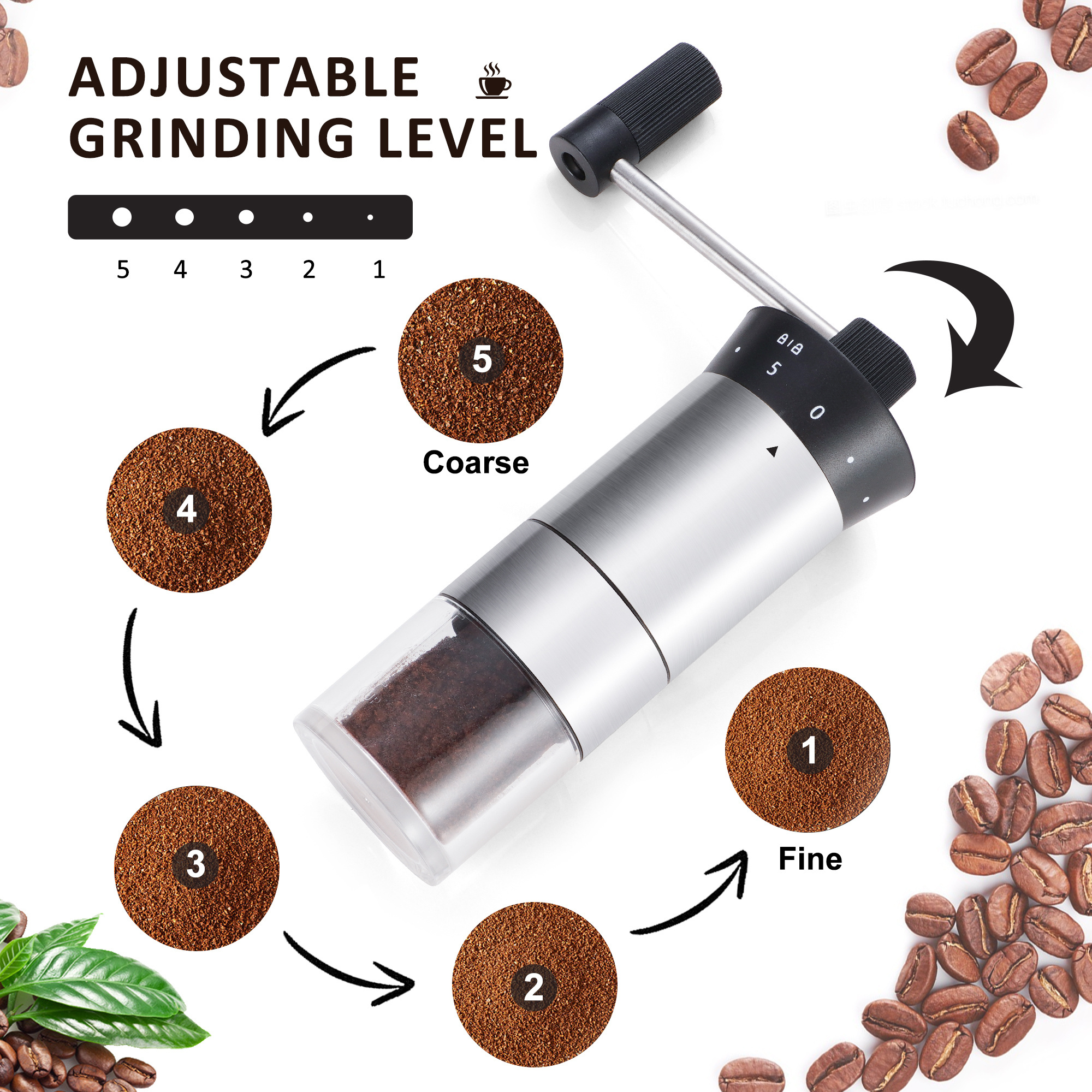 Portable Adjustable Manual Coffee Bean Mill With Ceramic Burs Stainless Steel Coffee Grinder