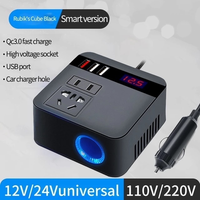 Car Inverter 150W 12V/24V DC To 220V AC Cigarette Lighter Power Supply Inverter Adapter with QC 3.0 USB Charger Fast Charging