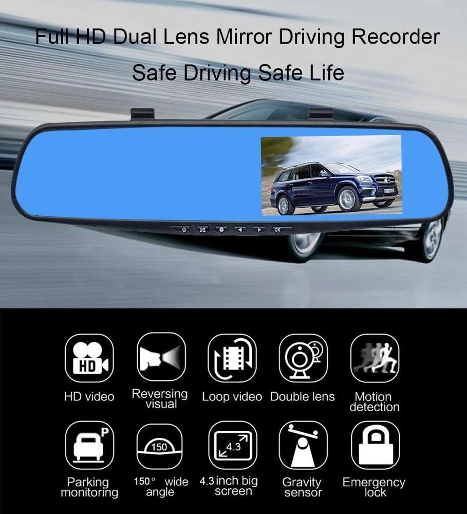 Car DVR Full HD 1080P 4.3 Inch Dash Cam Dual Lens Mirror Camera With Rear view G-sensor Night Vision Camcorder