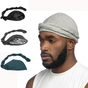 Halo Turban Durag for Men Satin Satin Silk Lined Elastic Men Turban Head Wrap Head Scarf Do-rag Long Straps cotton hat size 60cm