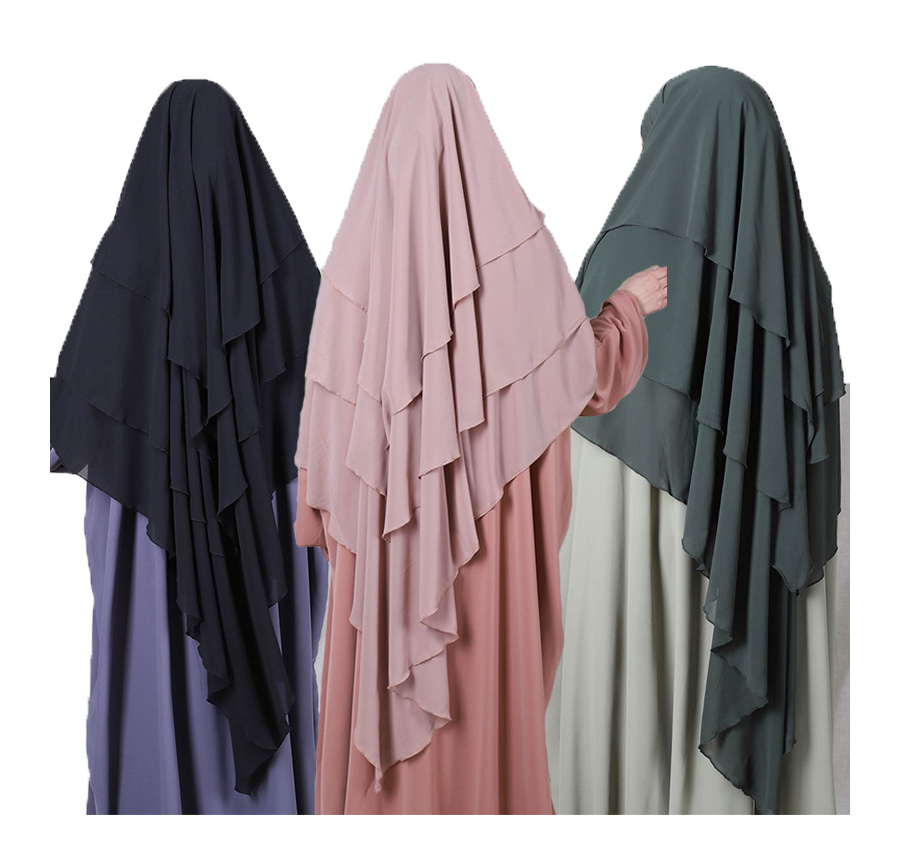 2022 New Muslim Ladies Basic Shawl 3 Layers Women's Chiffon Long Hijab layers Headscarf Islamic prayer hijab muslim