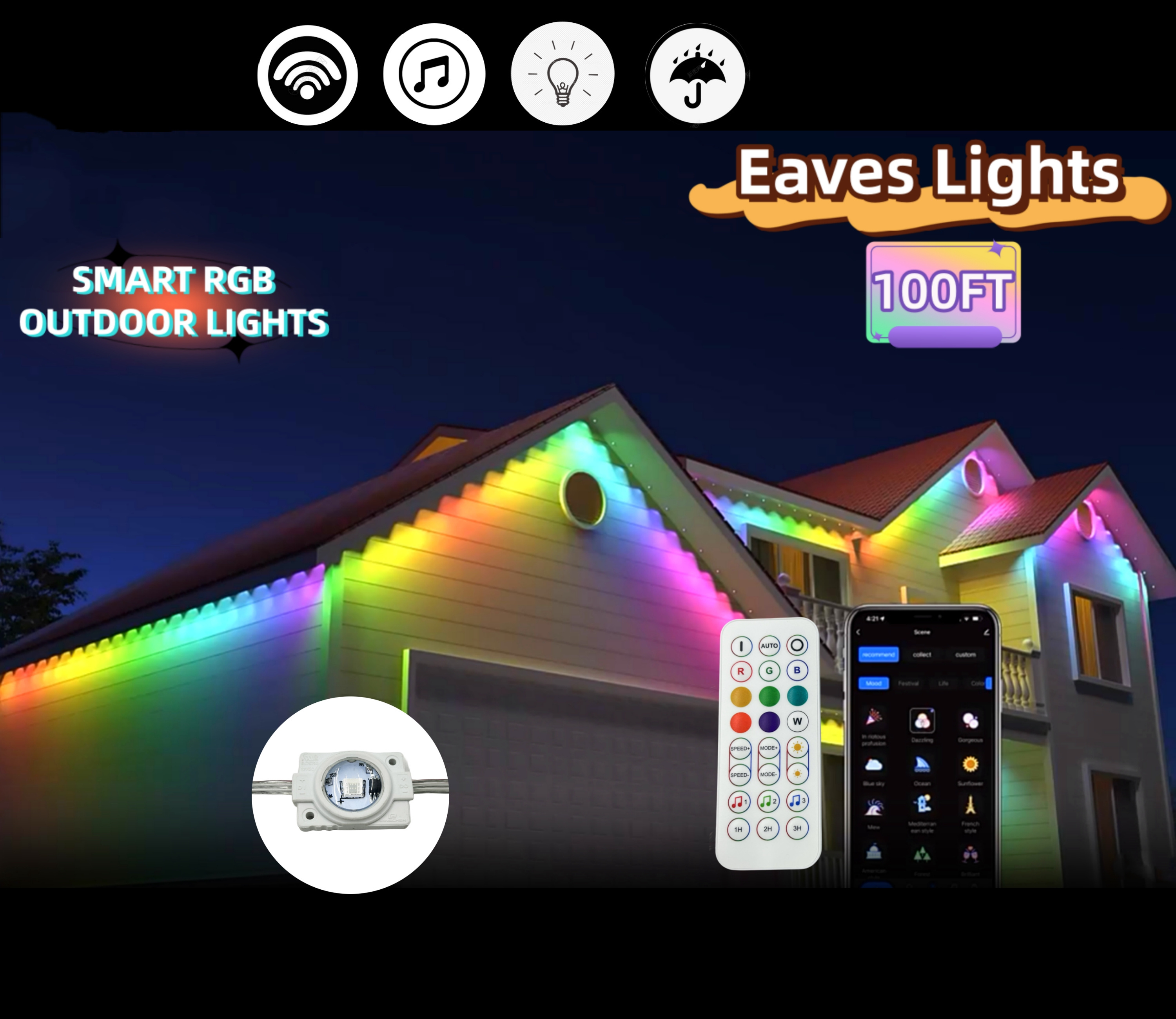 Smart eaves lighting RGB APP control bluetooth 100FT 72LEDs Holiday Decoration IP68 Waterproof LED Permanent Outdoor Eaves Light