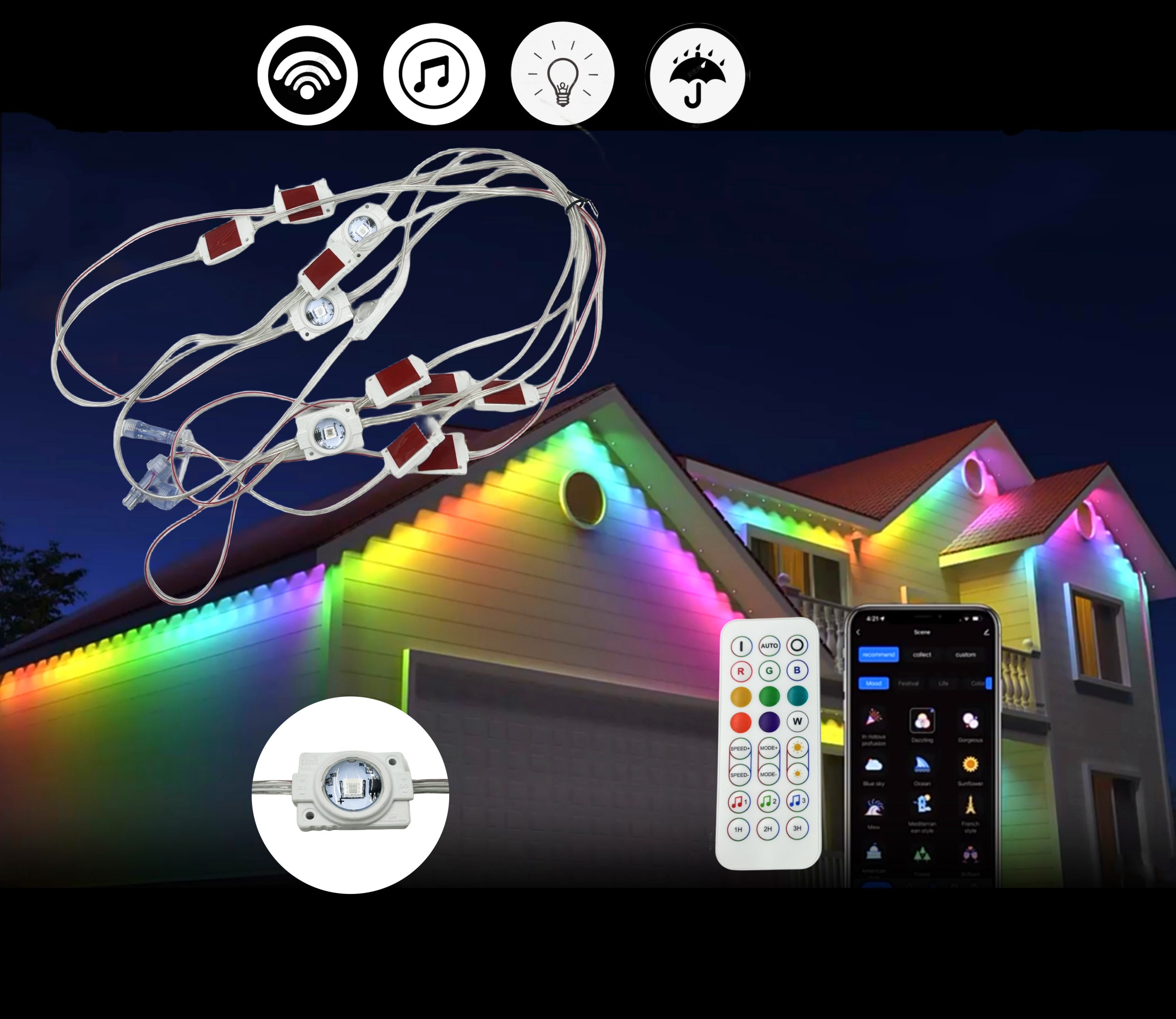 Smart eaves lighting RGB APP control bluetooth 100FT 72LEDs Holiday Decoration IP68 Waterproof LED Permanent Outdoor Eaves Light