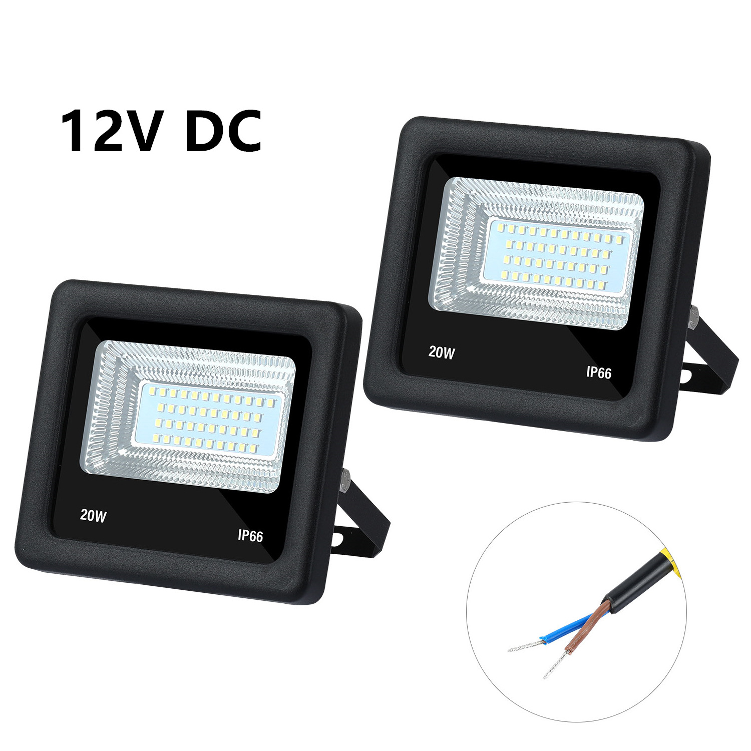 LED flood Light low voltage 12V DC 20W 2000lm 6500K Daylight White Security light IP65 Outside Waterproof for solar yard light