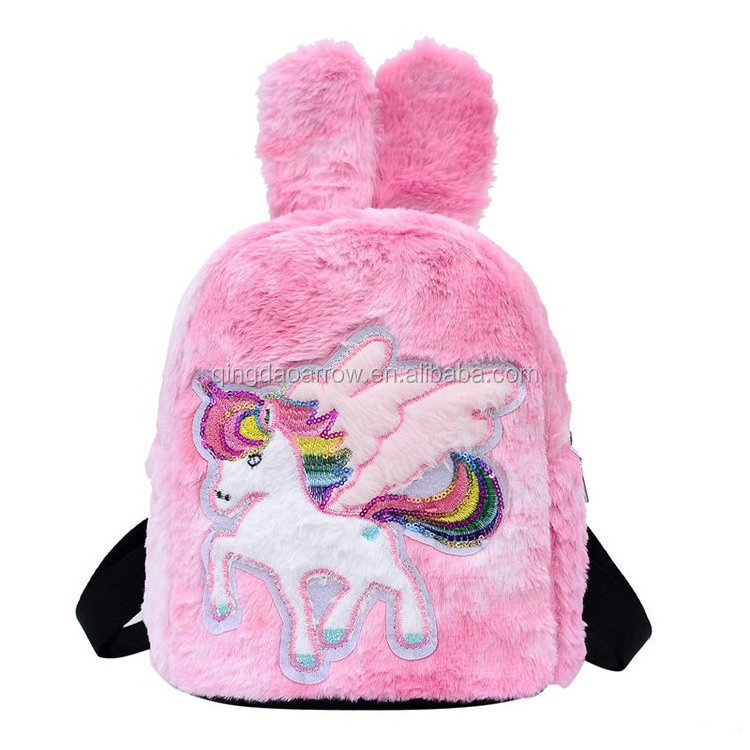 2020 Glitter Sequin Bunny Rabbit Ears Cartoon Patch Mini Plush Fur Backpack Back To School Girls Cute Plush Fur Backpacks