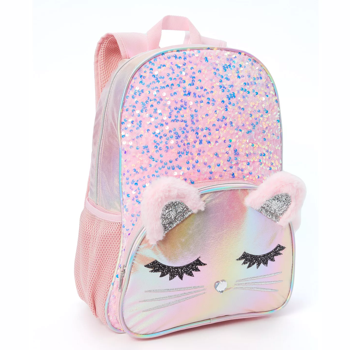 Fashionable Pom Pom Zipper Pull And Interior Laptop Sleeve Girls Kitty Sequins Backpack