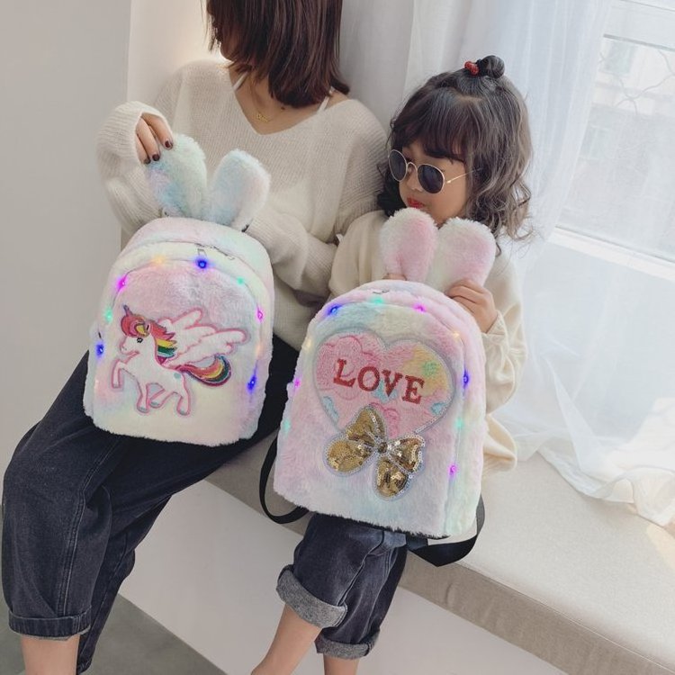 Mini Bow Knot Sequins Backpack Colorful Plush Cute Rabbit Ear SchoolBag Teenager Girls Travel Rucksack Mochila Mujer