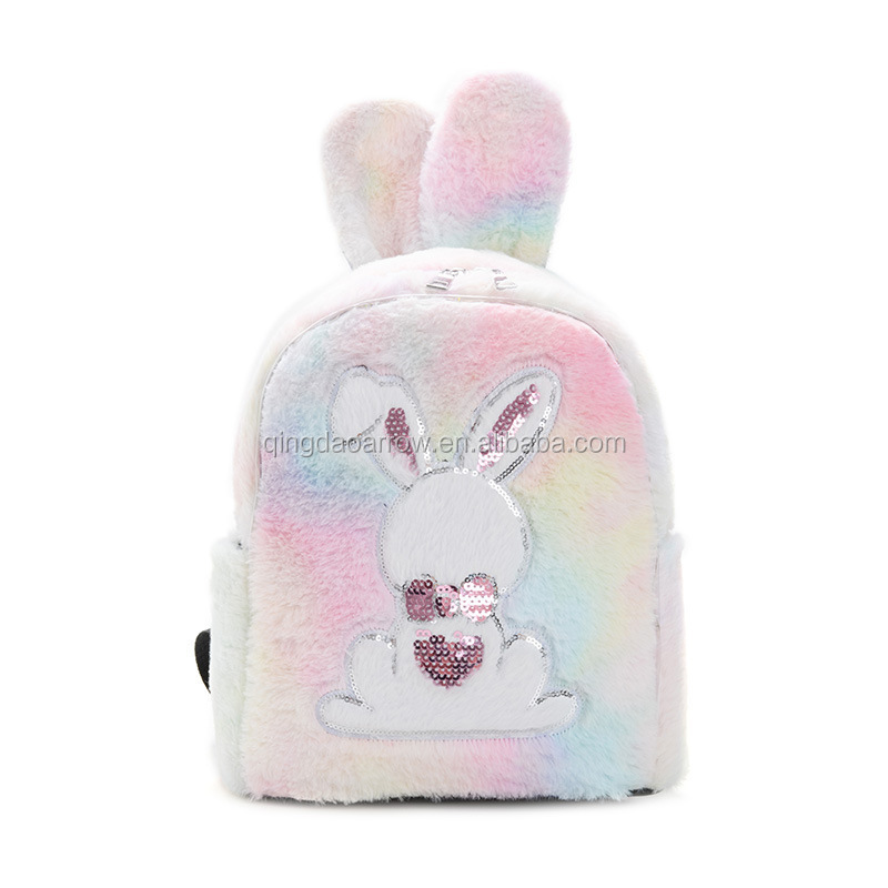 2020 Glitter Sequin Bunny Rabbit Ears Cartoon Patch Mini Plush Fur Backpack Back To School Girls Cute Plush Fur Backpacks