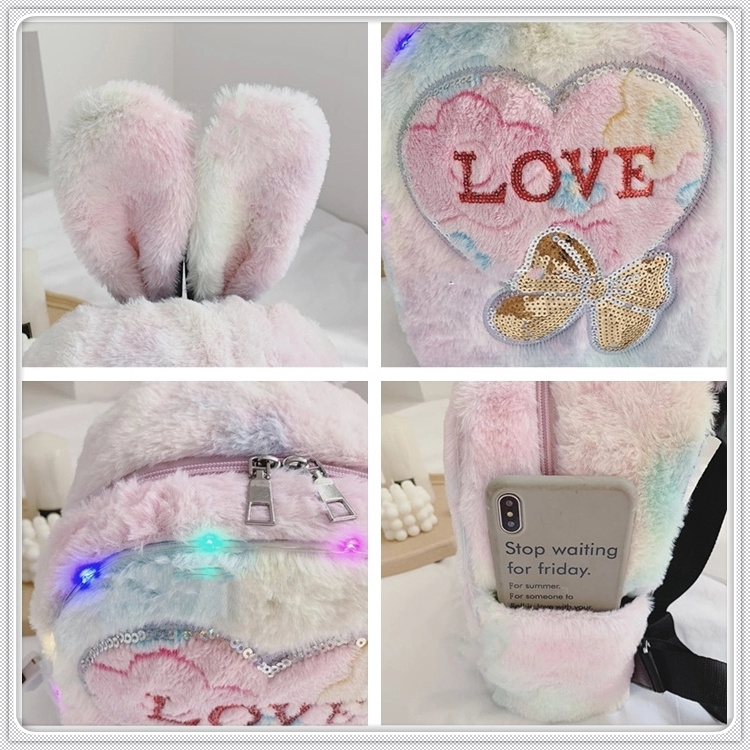 Mini Bow Knot Sequins Backpack Colorful Plush Cute Rabbit Ear SchoolBag Teenager Girls Travel Rucksack Mochila Mujer