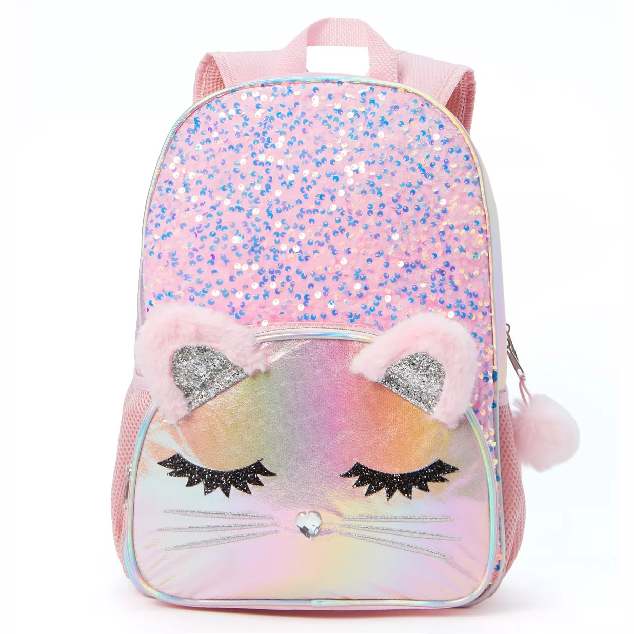 Fashionable Pom Pom Zipper Pull And Interior Laptop Sleeve Girls Kitty Sequins Backpack