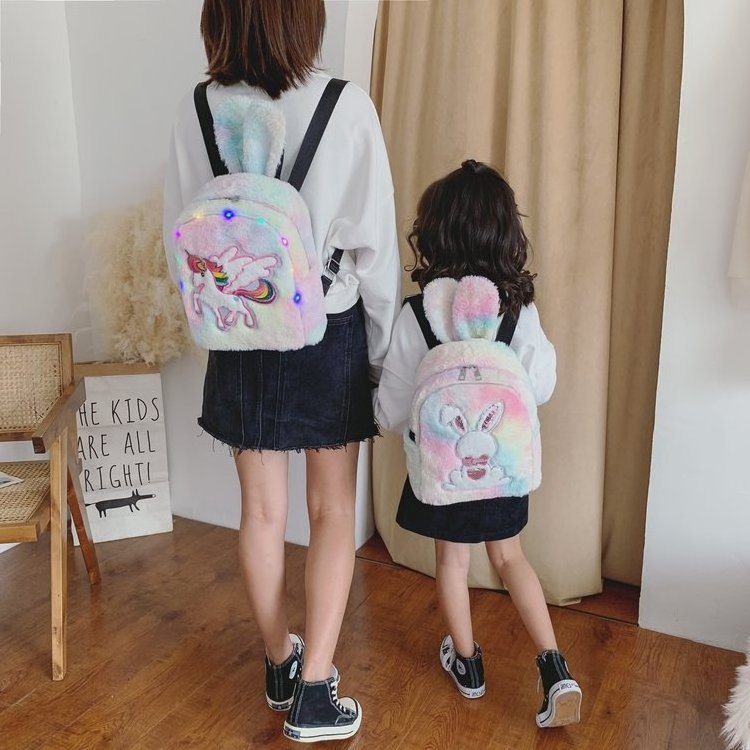 Mini Bow Knot Sequins Backpack Colorful Plush Cute Rabbit Ear SchoolBag Teenager Girls Travel Rucksack Mochila Mujer