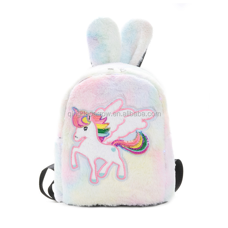 2020 Glitter Sequin Bunny Rabbit Ears Cartoon Patch Mini Plush Fur Backpack Back To School Girls Cute Plush Fur Backpacks