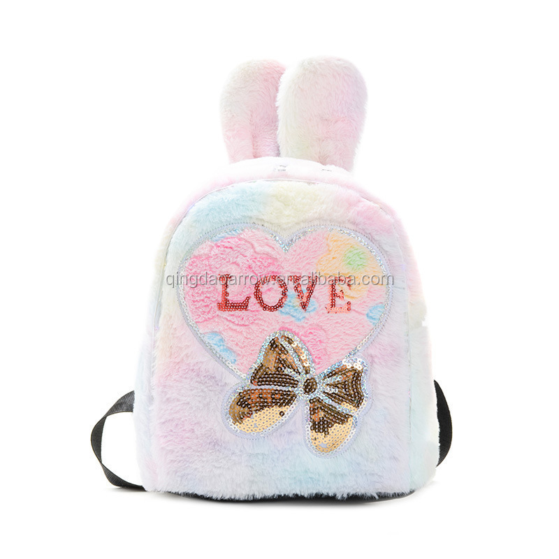 2020 Glitter Sequin Bunny Rabbit Ears Cartoon Patch Mini Plush Fur Backpack Back To School Girls Cute Plush Fur Backpacks