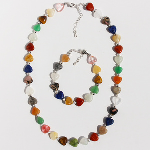 Niche design love shaped natural stone beaded necklace advanced sense multi-color texture peach bracelet set Summer 950