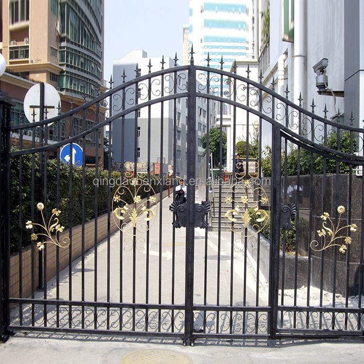 Powder coating black metal simple door thouse gate design small round steel rods doors wrought iron main gate design