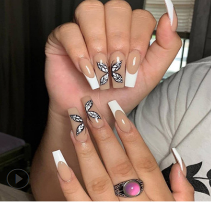 JP1398  24Pcs/Set Full Cover Long Coffin Acrylic Press On Nails With Rhinestone Glitter Stick  Nails Decorated Artificial Finger