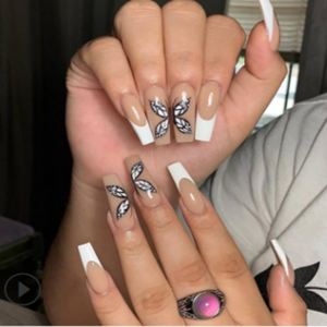 JP1398  24Pcs/Set Full Cover Long Coffin Acrylic Press On Nails With Rhinestone Glitter Stick  Nails Decorated Artificial Finger