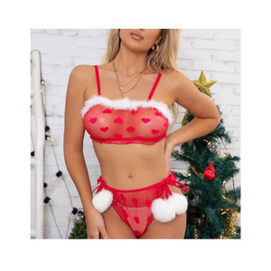 2022 new arrival Christmas sexy transparent 2 pieces hollow out red heart women lingerie cosplay bodysuit