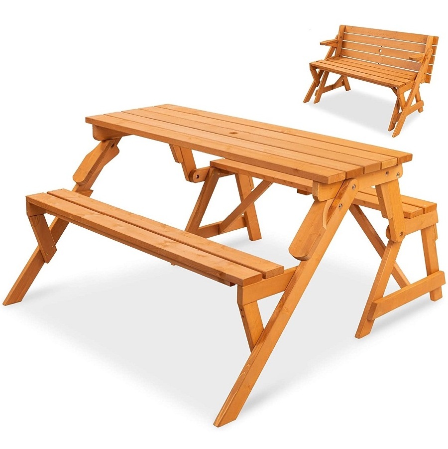 2-in-1 Transforming Interchangeable Outdoor Wooden Picnic Table Garden Bench for Backyard, Porch, Patio, Deck w/Umbrella Hole