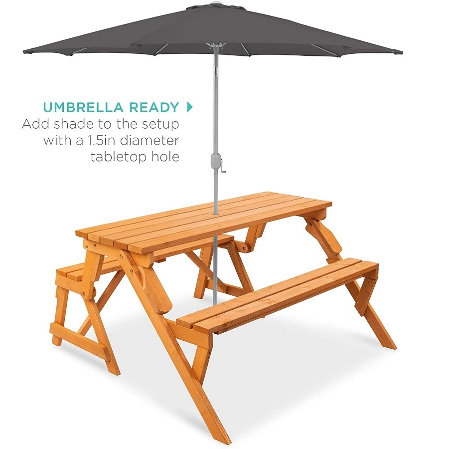 2-in-1 Transforming Interchangeable Outdoor Wooden Picnic Table Garden Bench for Backyard, Porch, Patio, Deck w/Umbrella Hole