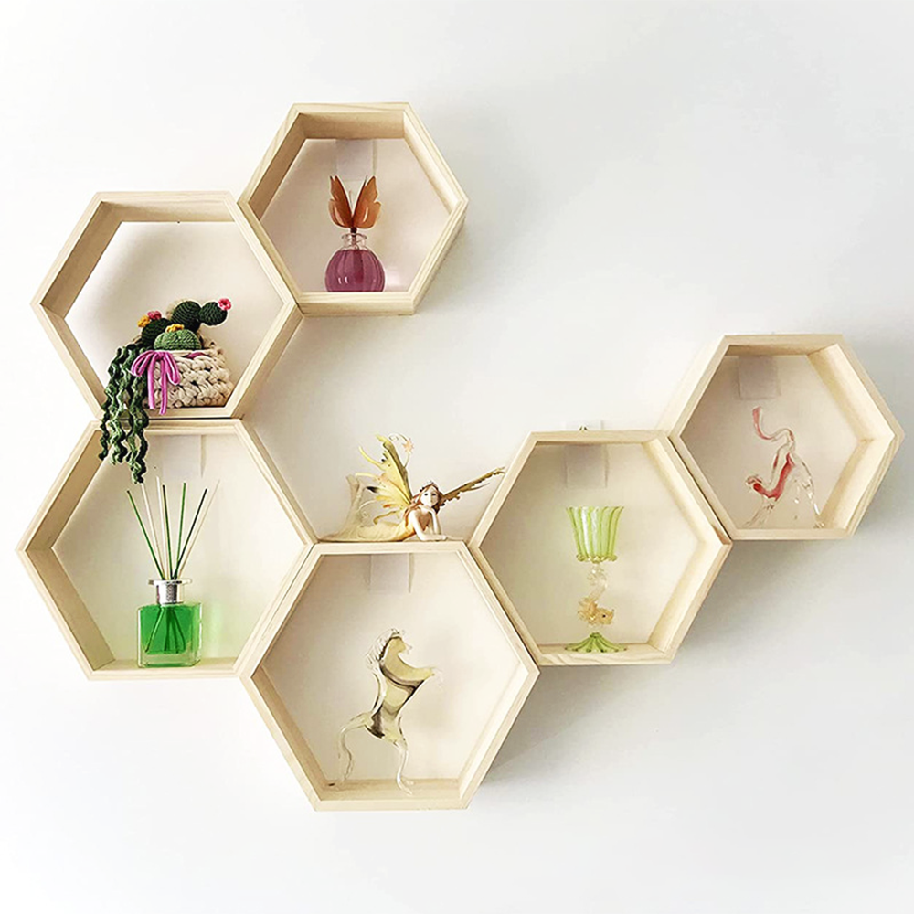 Custom 3 pcs set wall shelves floating hexagon wooden wall display shelf for home decor