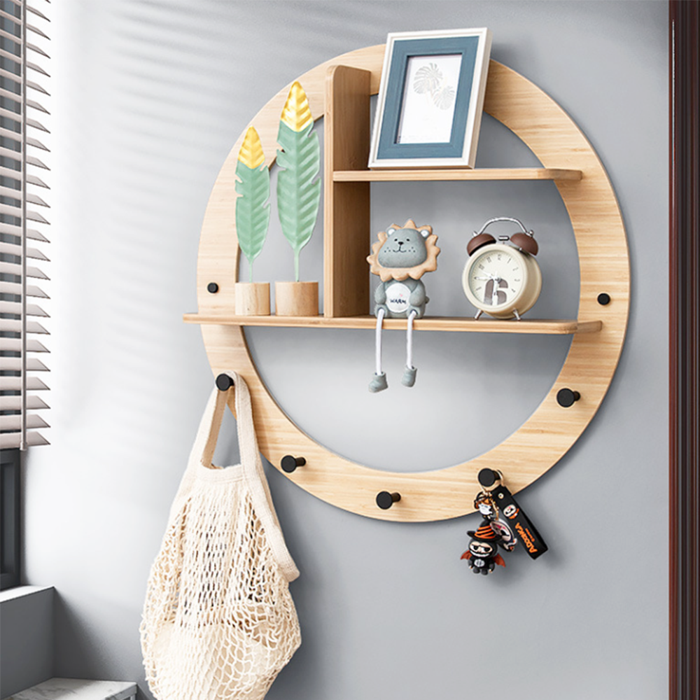 Modern round shape bamboo wall shelf kitchen bedroom partition bookshelf hook