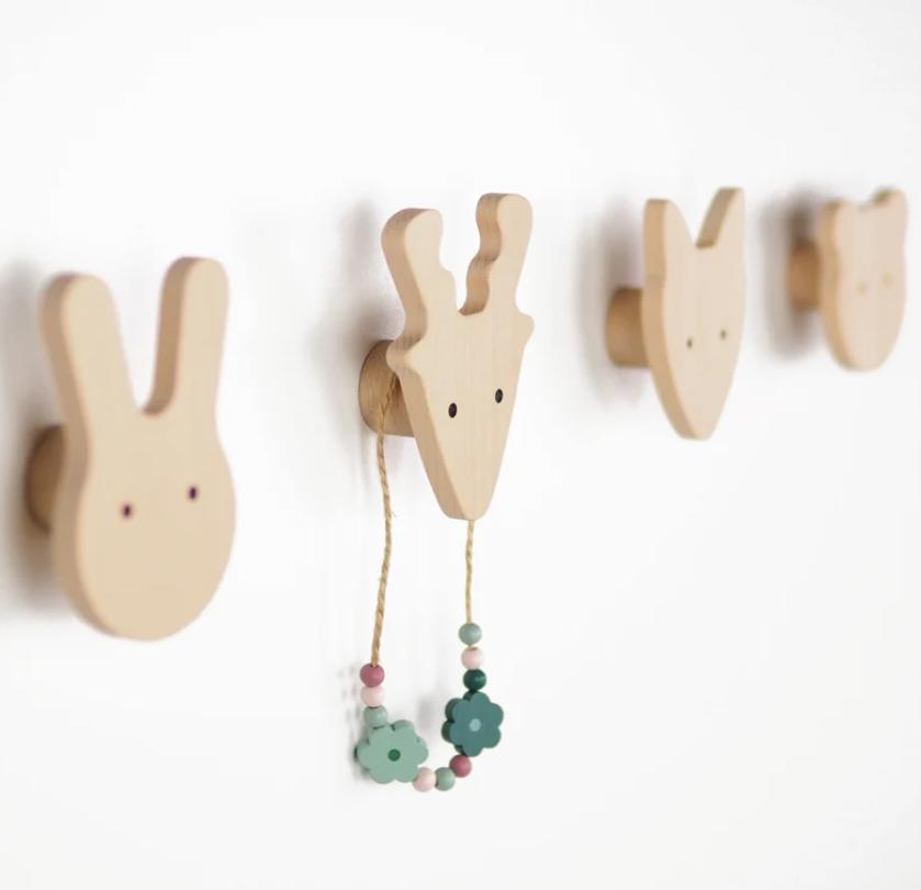 Hot sale natural kids children homne decor animal wood 4 wall hooks