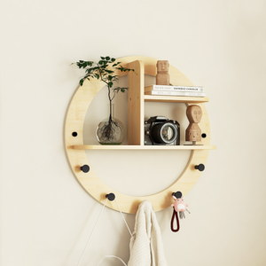 Modern round shape bamboo wall shelf kitchen bedroom partition bookshelf hook