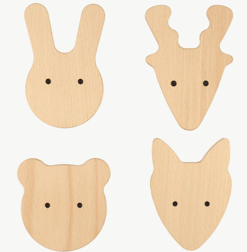 Hot sale natural kids children homne decor animal wood 4 wall hooks