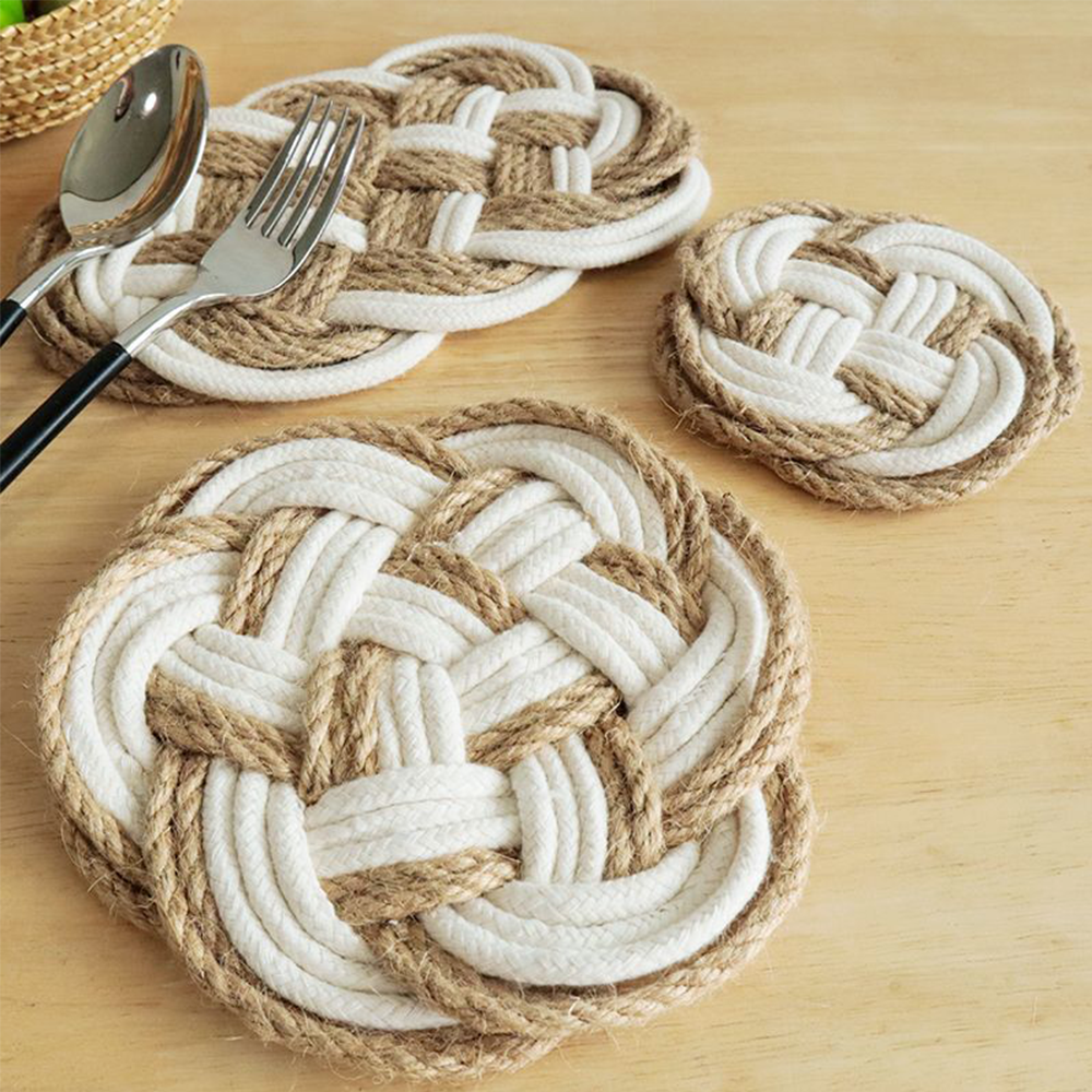 Nordic Style Non-Slip Handwoven Cotton Linen Table Mats Set of 3 for Kitchen Use made from Cotton Rope