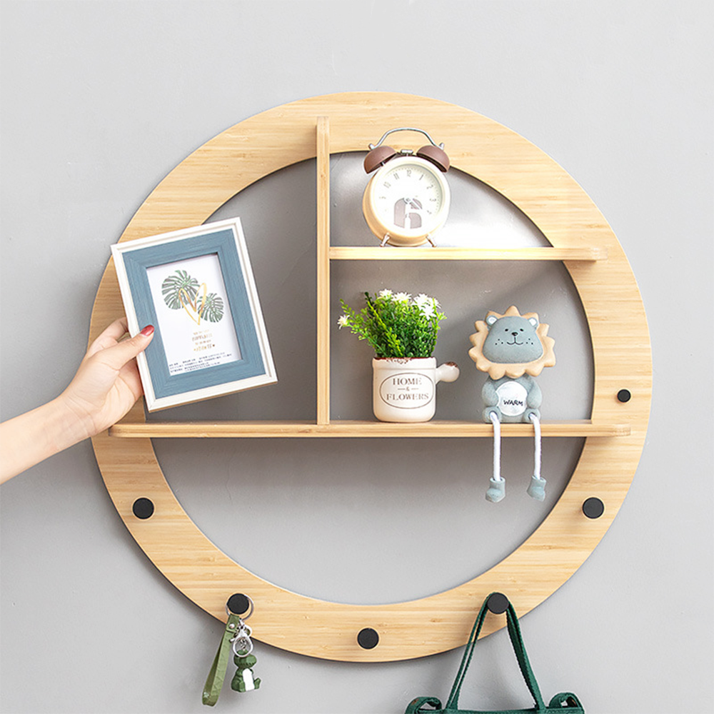 Modern round shape bamboo wall shelf kitchen bedroom partition bookshelf hook