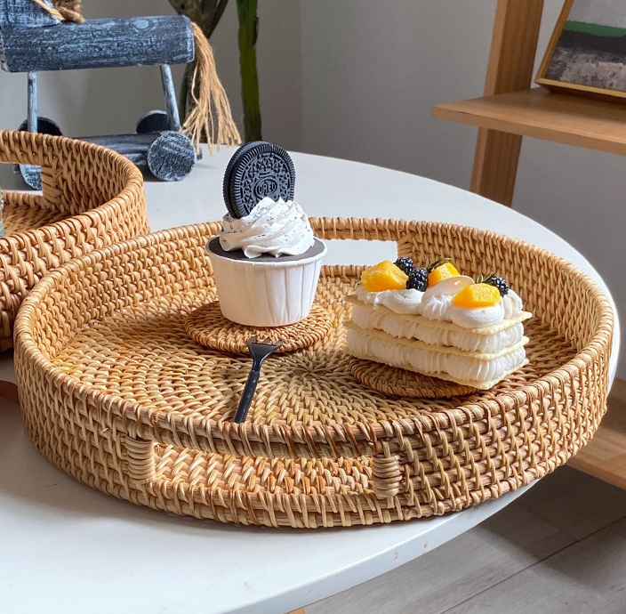 Handmade rattan natural basket storage fruit basket Candy snacks coffee bread dessert tray storage basket