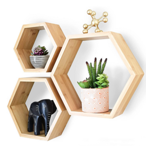 Custom 3 pcs set wall shelves floating hexagon wooden wall display shelf for home decor