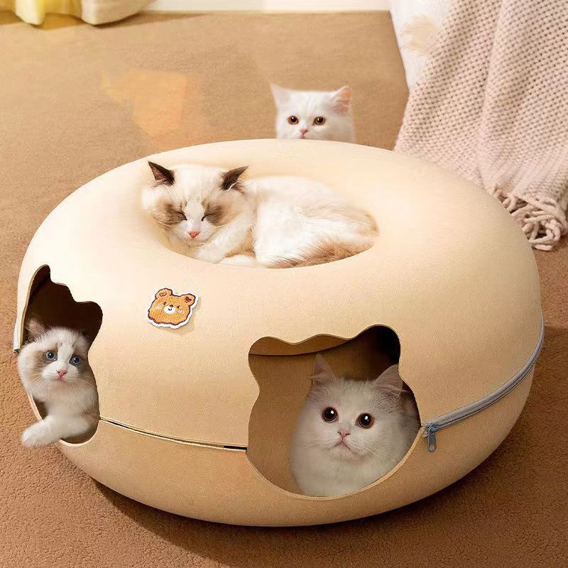 Detachable lovely round felt and washable antistatic cute donut cat tunnel bed,cat beds for indoor cats