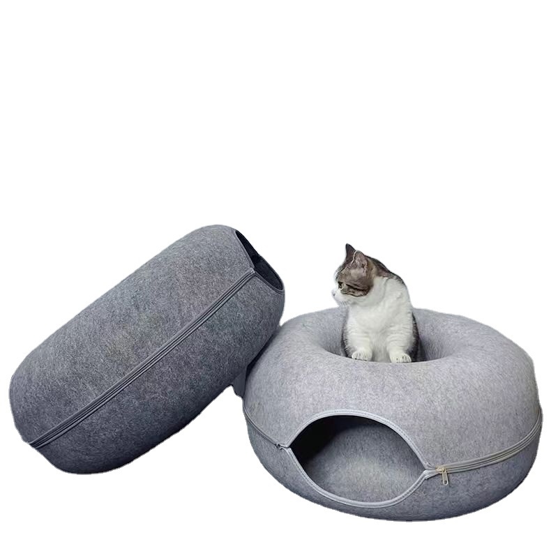 Detachable lovely round felt and washable antistatic cute donut cat tunnel bed,cat beds for indoor cats