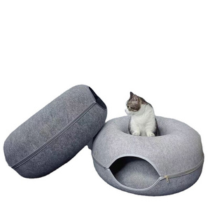 Detachable lovely round felt and washable antistatic cute donut cat tunnel bed,cat beds for indoor cats