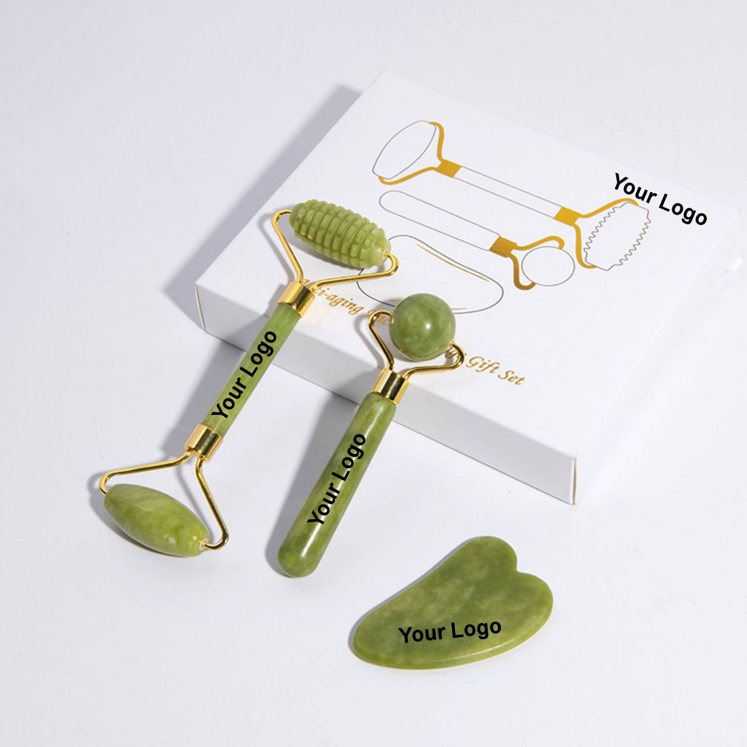 Gua Sha Genuine Facial Jade Roller Set Custom Logo Anti Aging Facial Natural Green Jade Roller and Gua Sha With Jade Roller Set