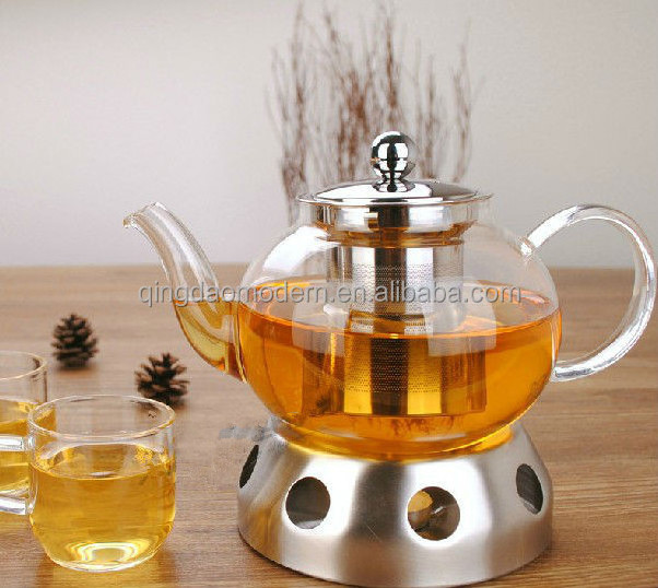 wholesale borosilicate fire heat resistant clear glass teapot with infuser with stainless steel warmer