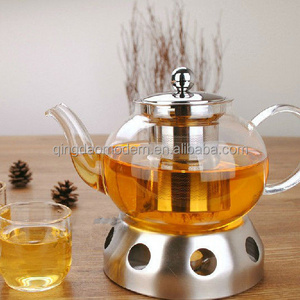 wholesale borosilicate fire heat resistant clear glass teapot with infuser with stainless steel warmer