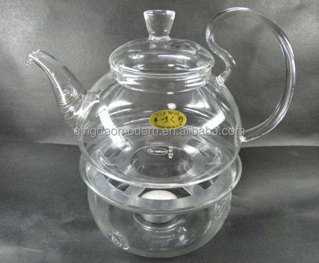 wholesale borosilicate fire heat resistant clear glass teapot with infuser with stainless steel warmer